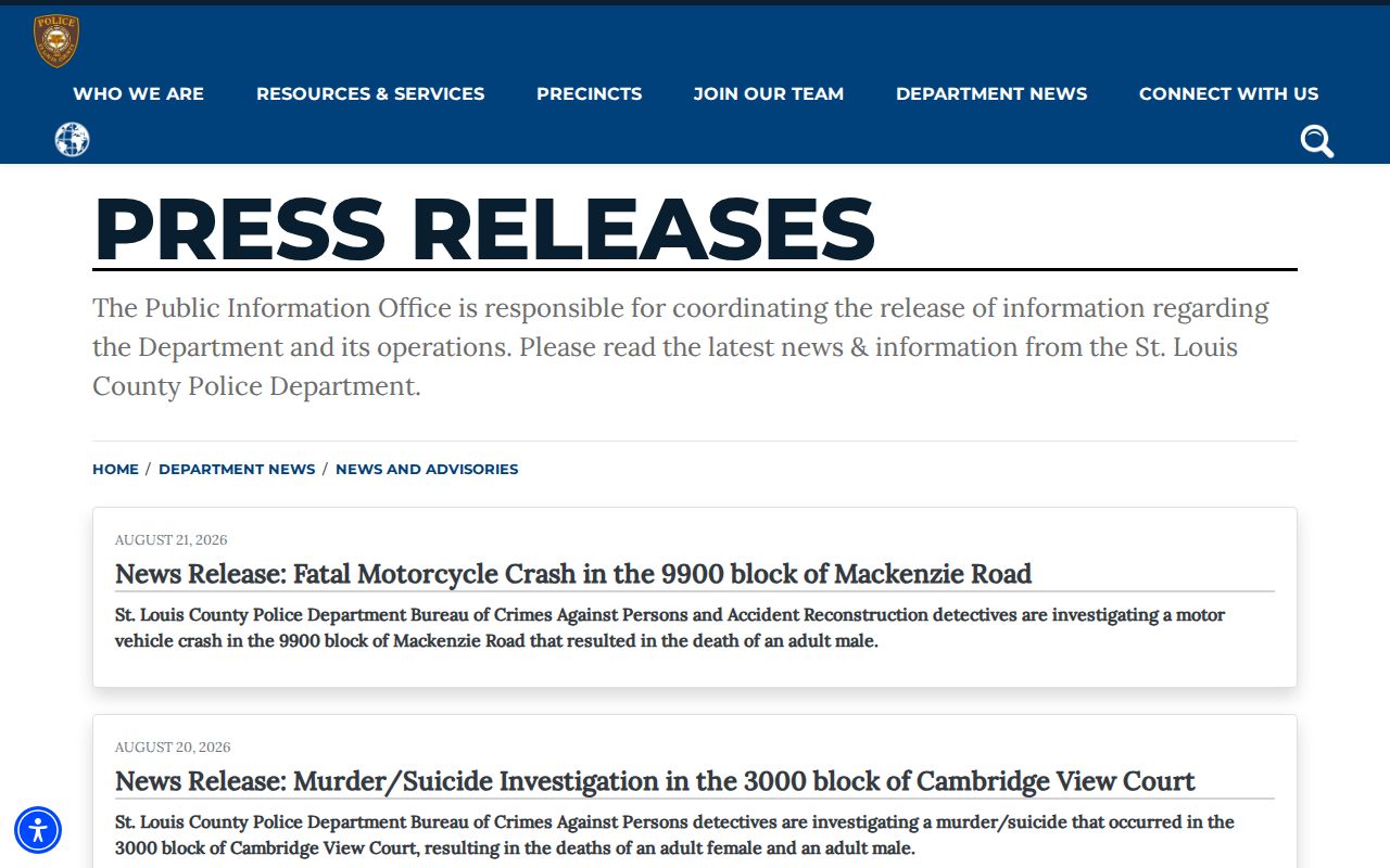St. Louis County arrest and booking record official press release source